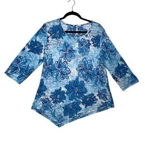 LULU B Womens Large Blue Floral Asymmetrical Hem 34 Sleeve Cotton Blend Top